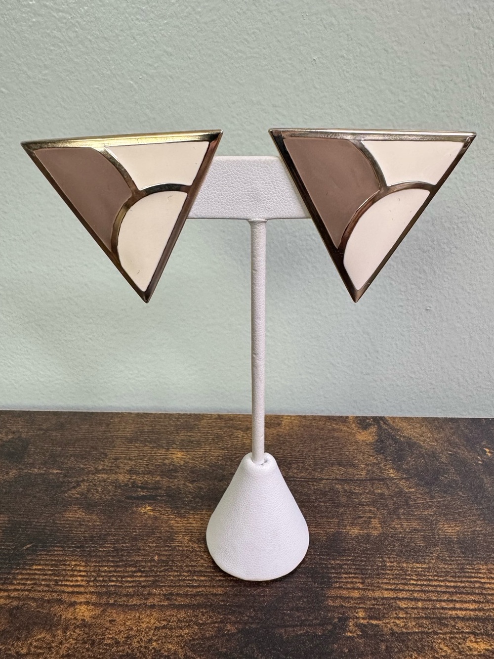 Vintage Triangular Inset Clip-On Earrings - Cream and Brown Enamel on Metal